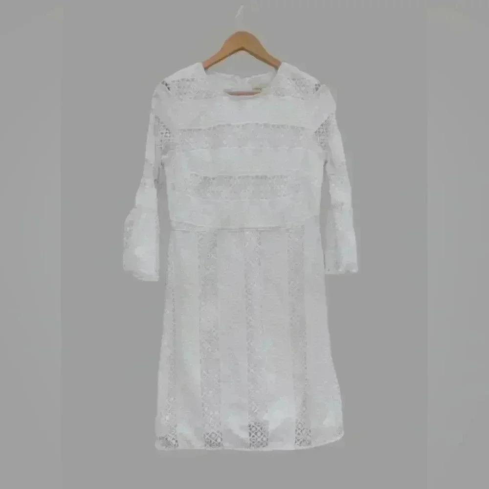 Loft Anne Taylor Women's Midi Eyelet  White Lace Dress With Belle Sleeves Sz.Med
